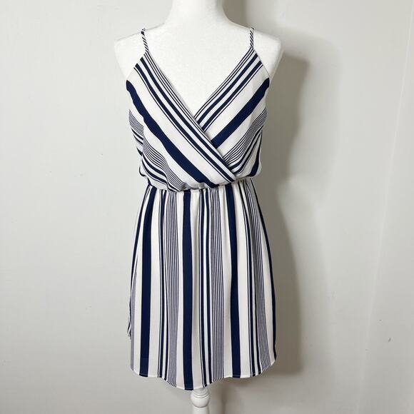Monteau Womens Blouson Dress L Blue White Stripe Mini Sleeveless Spaghetti Strap - Picture 3 of 8